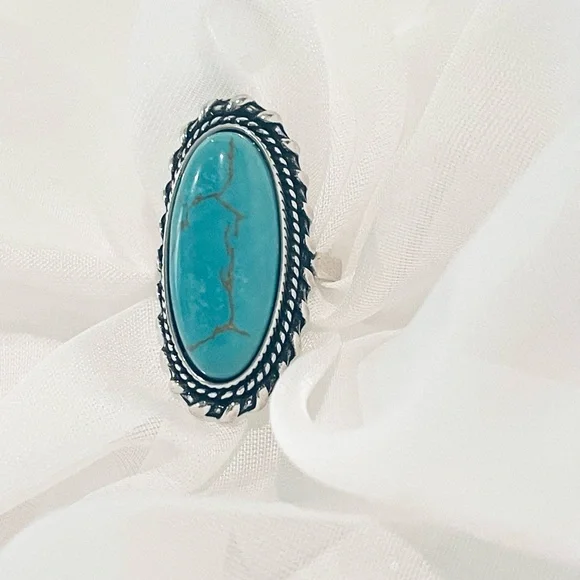 Sleeping Beauty Blue Turquoise Rhodium Plated 925 Sterling Silver Women's Ring - Picture 1 of 4